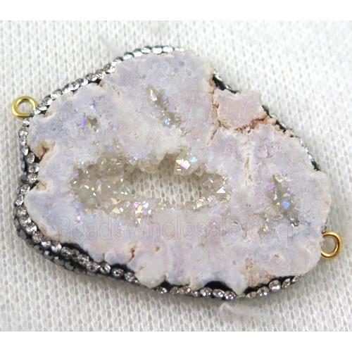 Druzy Agate slice connector paved rhinestone, freeform, white AB-color