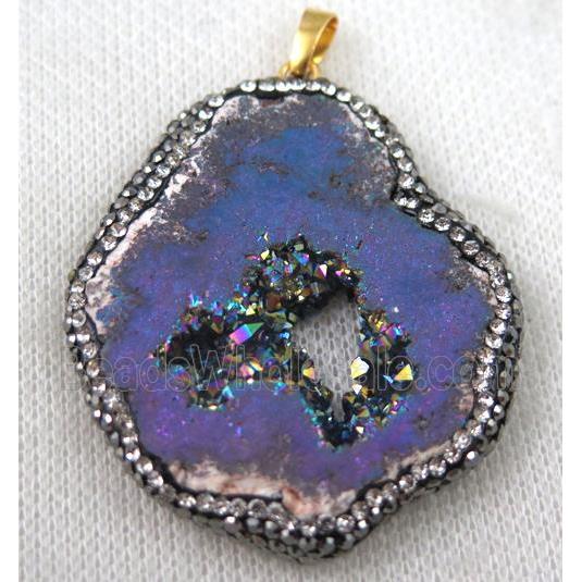 druzy agate slice pendant paved rhinestone, freeform, rainbow plated