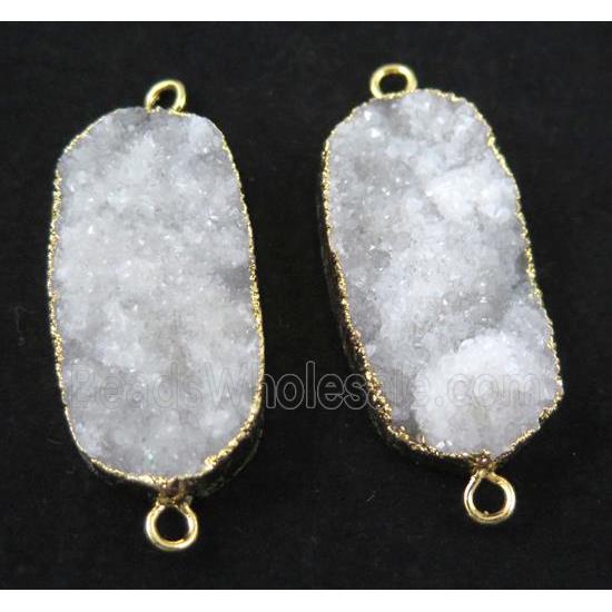 white druzy quartz connector, oval, gold plated