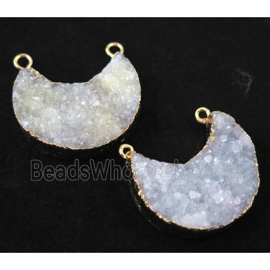 white druzy quartz pendant with 2loops, crescent moon, gold plated