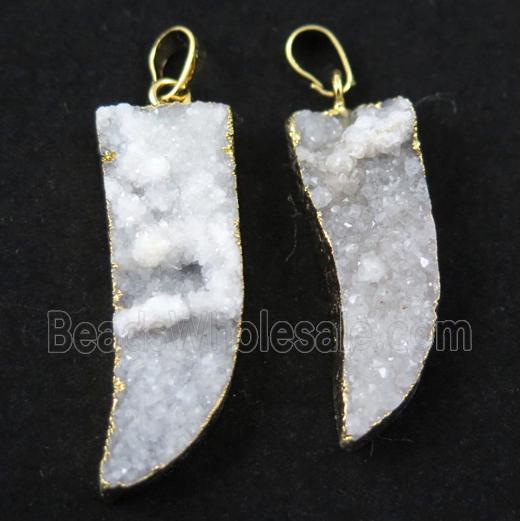 white druzy quartz pendant, horn, gold plated