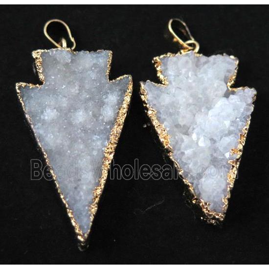 white druzy quartz pendant, arrowhead, gold plated