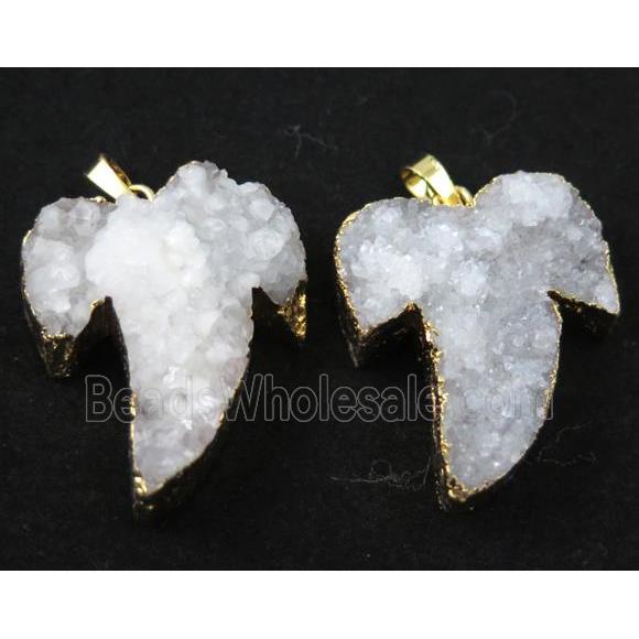 white druzy quartz pendant, shark-tooth shaped, gold plated