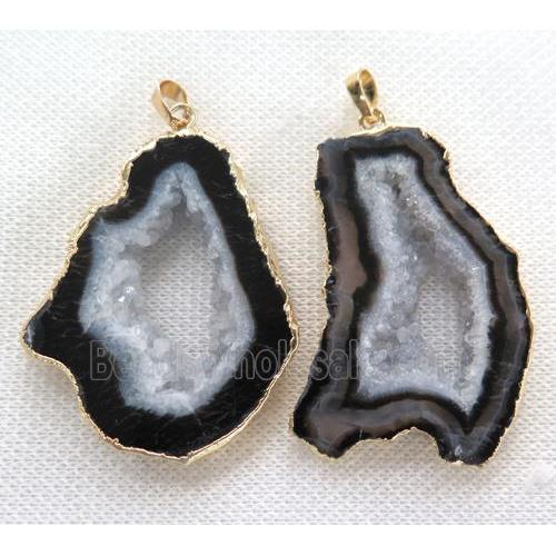 Black Agate Druzy Slice Pendant Freeform Gold Plated