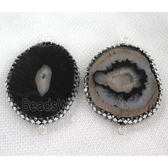 black agate druzy connector paved silver foil, freeform