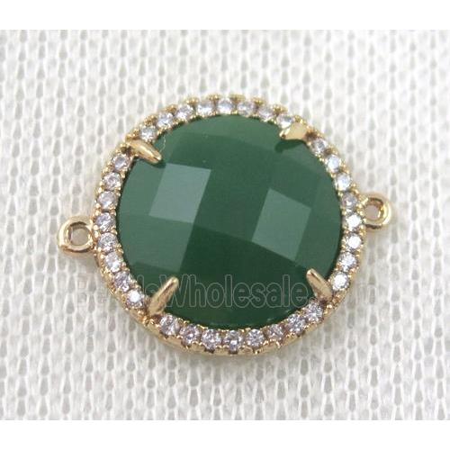 green crystal glass flat-round connector paved zircon, gold plated