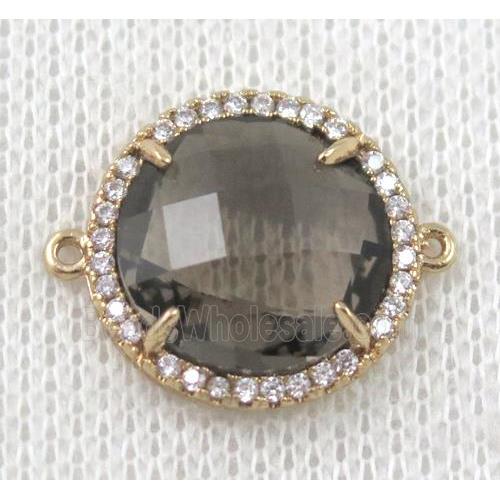 smoky crystal glass flat-round connector paved zircon, gold plated