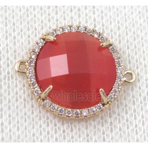 red crystal glass flat-round connector paved zircon, gold plated