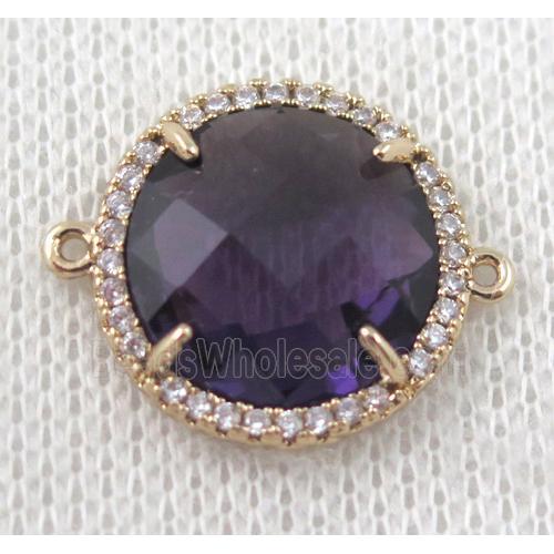 dark-purple crystal glass flat-round connector paved zircon, gold plated