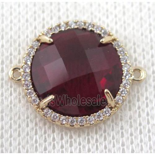 ruby crystal glass flat-round connector paved zircon, gold plated