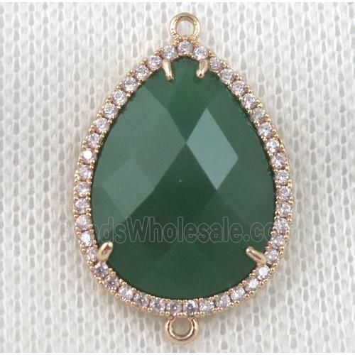 green crystal glass teardrop connector paved zircon, gold plated