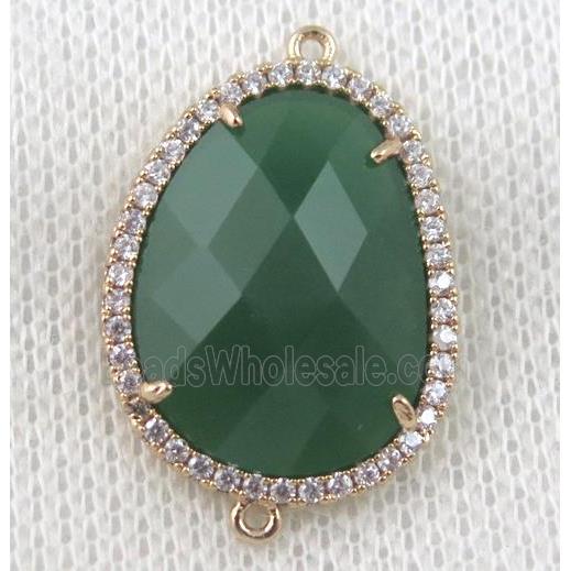green crystal glass teardrop connector paved zircon, gold plated