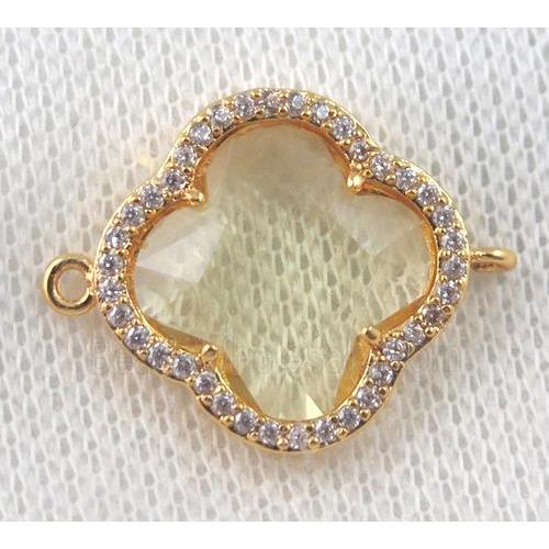 golden crystal glass four-leaf Clover connector paved zircon, gold plated