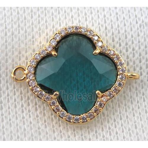 peacock blue crystal glass four-leaf Clover connector paved zircon, gold plated