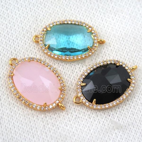 crystal glass connector paved zircon, mix color, faceted oval, gold plated