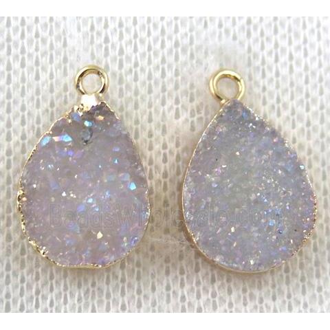 druzy agate pendant, white AB-color, teardrop, gold plated