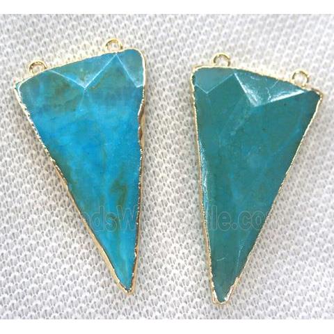 agate triangle pendant with 2loops, faceted, blue dye, gold plated