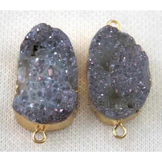 druzy quartz connector, lt.blue gray, AB-color, freeform, gold plated