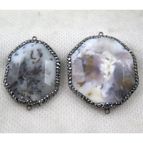 white Opal Jasper slice connector paved rhinestone, faceted freeform