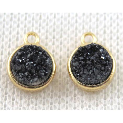 black druzy quartz pendant, circle, copper, gold plated