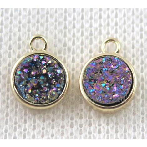 rainbow druzy quartz pendant, flat-round, copper, gold plated