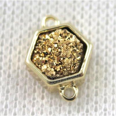 golden druzy quartz hexagon connector, copper, gold plated