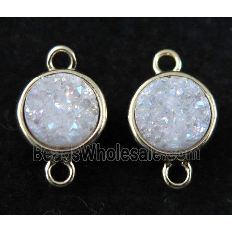 white druzy quartz connector, AB-color, copper, flat-round, gold plated
