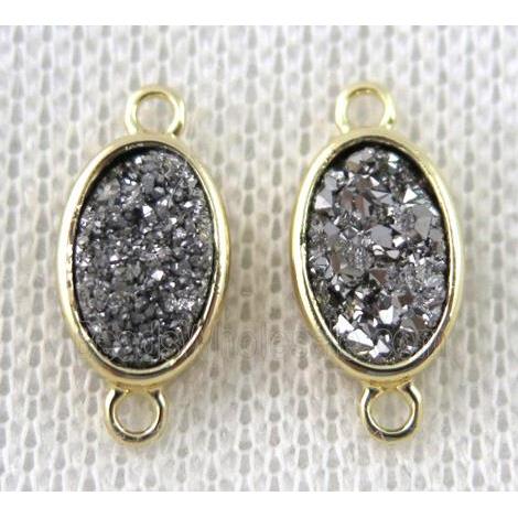 silver druzy quartz oval connector, copper, gold plated