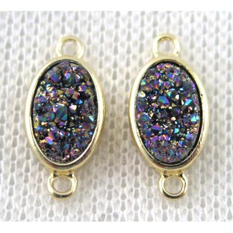 rainbow druzy quartz connector, copper, oval, gold plated