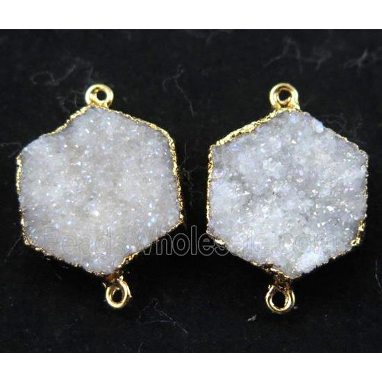 druzy quartz hexagon connector, white AB-color, gold plated