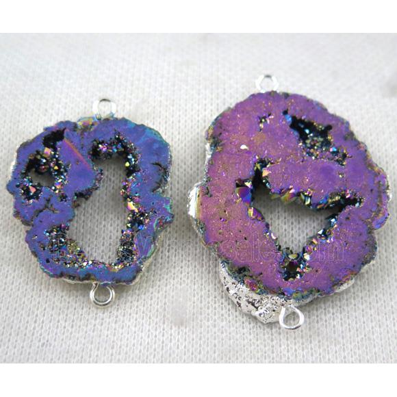 rainbow druzy agate connector, freeform slice silver plated