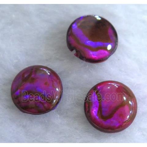 Paua Abalone shell bead without hole, flat round, red dye