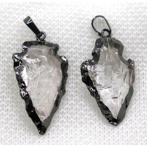 hammered Clear Quartz arrowhead pendant, black plated