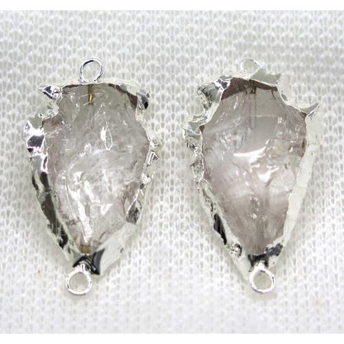 hammered Clear Quartz arrowhead connector, silver plated