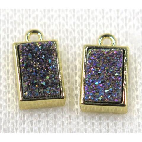 rainbow Druzy Quartz pendant, rectangle, gold plated