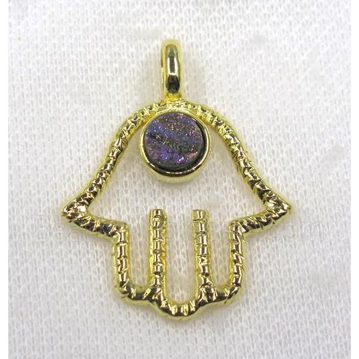 rainbow druzy agate pendant, hamsahand, alloy, gold plated