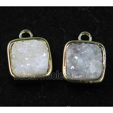 druzy quartz pendant, white ab color, square, gold plated
