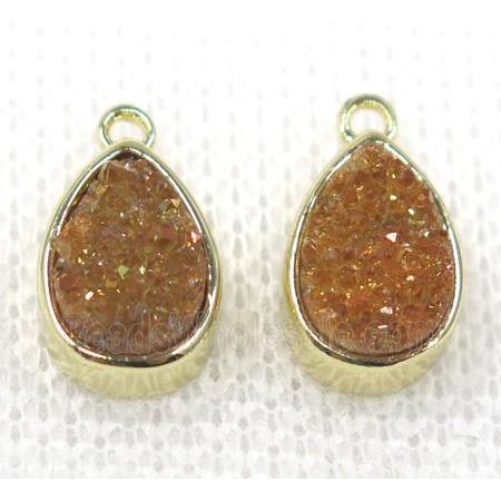 gold champagne druzy quartz teardrop pendant, gold plated