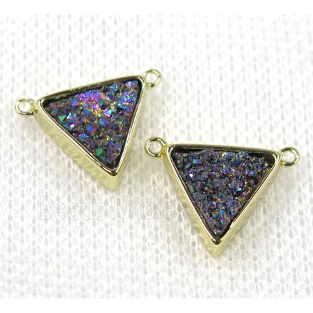 rainbow druzy quartz triangle pendant with 2loops, gold plated