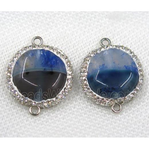blue agate connector paved rhinestone, flat round