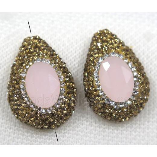 pink crystal glass beads paved yellow rhinestone, teardrop