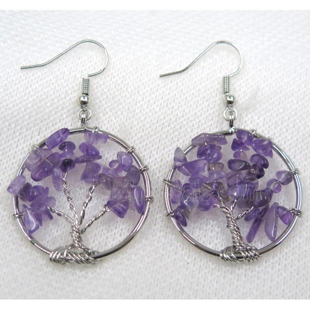 Tree of life earring with purple Amethyst chips, platinum