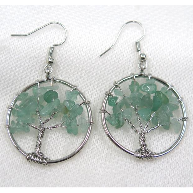 Tree of life earring with green aventurine chips bead, platinum