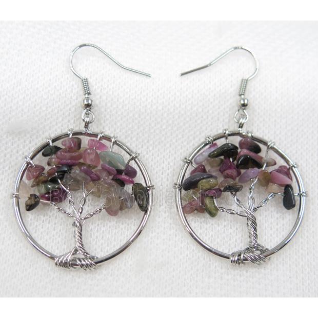 tree of life earring with tourmaline bead chip, platinum