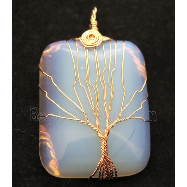 White Opalite Rectangle Pendant Tree Of Life Wire Wrapped Rose Gold