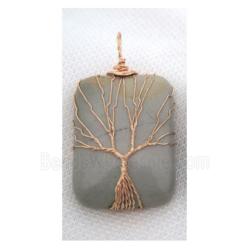 Ocean Agate Rectangle Pendant Tree Of Life Wire Wrapped Rose Gold