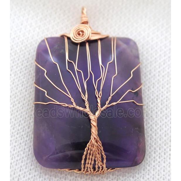 Purple Amethyst Rectangle Pendant Tree Of Life Wire Wrapped Rose Gold
