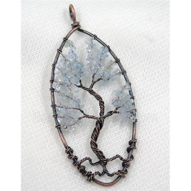 Blue Aquamarine Chips Pendant Tree Of Life Wire Wrapped Oval Antique Red