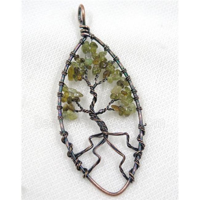 Green Garnet Chips Pendant Tree Of Life Wire Wrapped Oval Antique Red