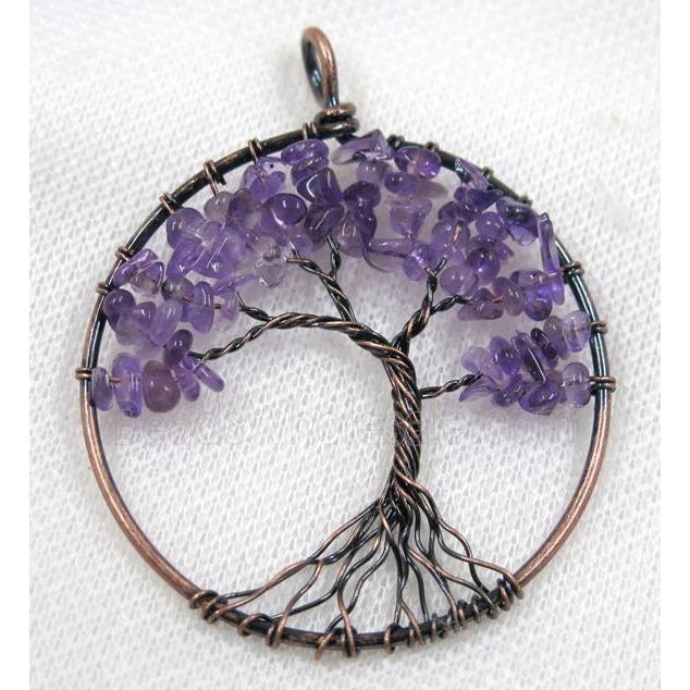 Purple Amethyst Chips Pendant Tree Of Life Wire Wrapped Circle Antique Red